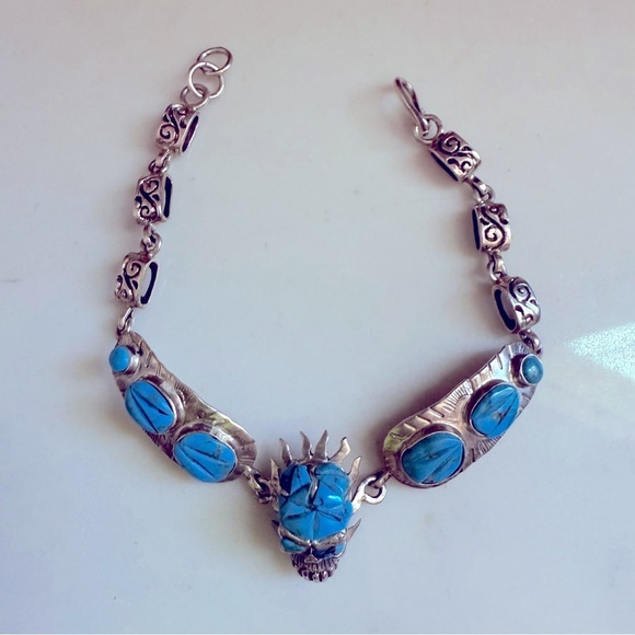 NWOT Unisex Handmade Sterling Silver and Genuine Turquoise Skull Bracelet - Picture 2 of 8